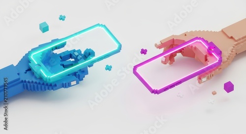 Voxel Art Illustration of Human and Robotic Hands Holding Glowing Smartphone Frames Representing Digital Connection