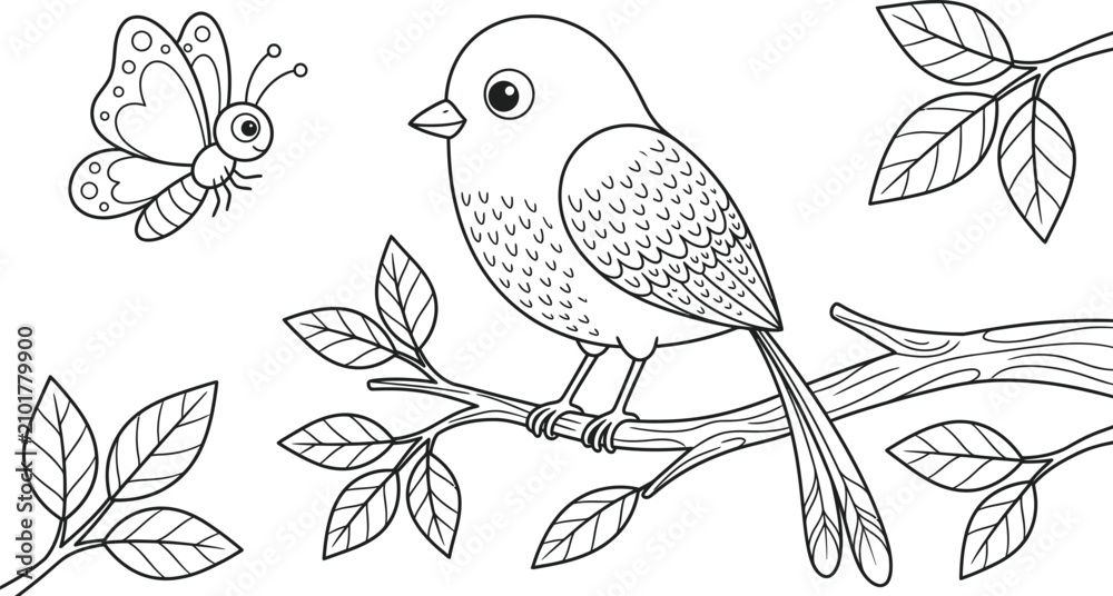 Fototapeta premium Cute bird on branch and butterfly coloring page line art