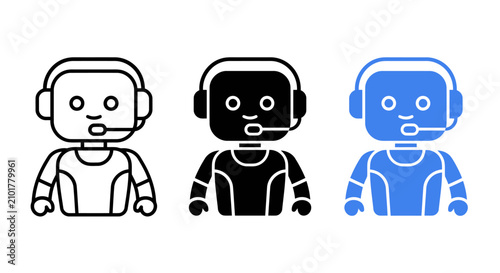 Customer service chatbot icon set with headset for AI support and virtual assistant technology