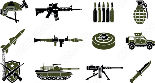 Tableau sur toile Military Weapon and Heavy Armor Vector Icon Set with Assault Rifles Rocket Launc