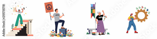 Diverse set of illustrations featuring people advocating for social justice, peace, and community building through activism and peaceful demonstrations.