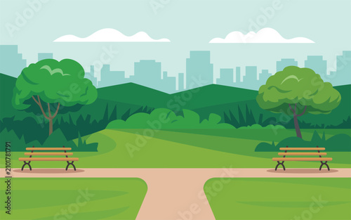 Foto Vector illustration of a peaceful green park path with benches and trees