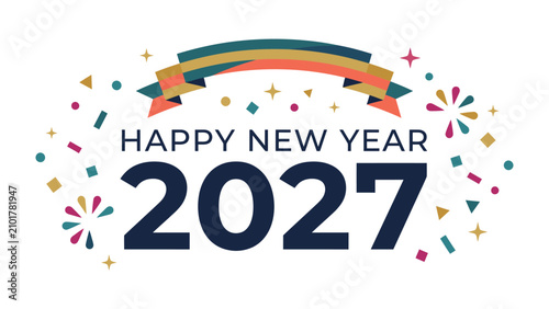 Bilde på lerret Happy New Year 2027 Celebration Graphic: Festive confetti, ribbons, and fireworks adorn a graphic celebrating the arrival of the New Year in 2027, creating a vibrant and joyous atmosphere