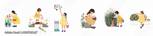 Foto Flat vector illustrations of young girls in yellow dresses enjoying an Easter egg hunt and spring activities in a garden setting