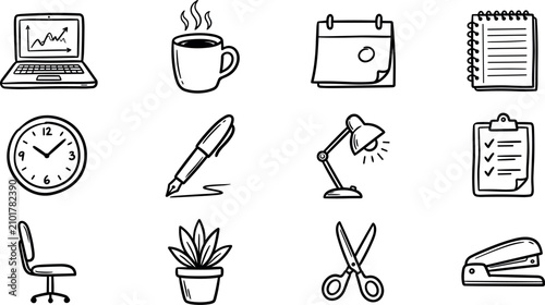Tableau sur toile Office Workspace and Business Productivity Doodle Icon Set with Laptop Analytics
