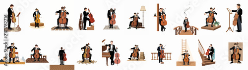 Canvastavla Collection of vector illustrations featuring a male cellist in a tuxedo performing, practicing, and posing in various indoor and outdoor settings