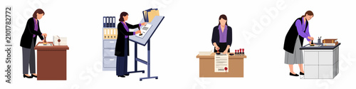 Obraz na płótnie Flat vector illustration set of female notaries stamping legal documents, deeds, and official papers in various office settings