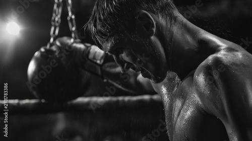 Boxer resting in ring after intense fight black and white dramatic portrait