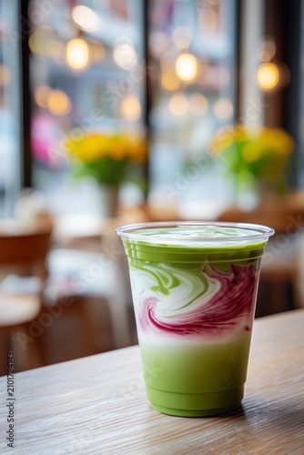Iced Matcha Latte with Raspberry Syrup Swirl in Plastic Cup at Cafe.