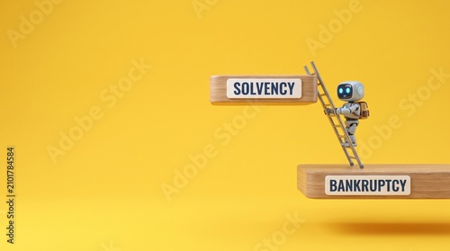 Cute 3D AI robot wearing backpack climbing metal ladder from bankruptcy to solvency wood blocks, panoramic financial recovery concept on yellow background with copy space 