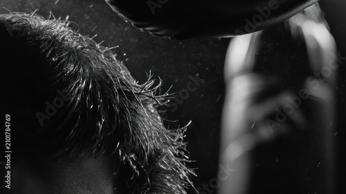 Close up of hair being washed in black and white with water droplets