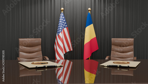 Bild auf Leinwand Diplomatic Summit: Two national flags stand proudly on either side of a polished conference table, symbolizing a significant international meeting between two countries