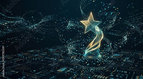 Digital holographic star award on glowing circuit board background, for tech achievement, data innovation, and cybersecurity success recognition