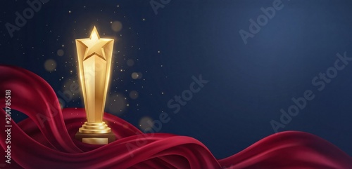 Gold star trophy illustration with elegant red silk drapery and dark blue background, shimmering lights for award ceremonies, achievement recognition
