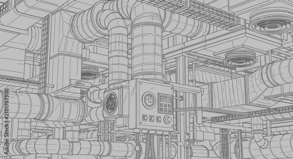 Obraz premium Industrial piping network fills an interior factory space with complex metal ductwork and control machinery in this detailed sketch.