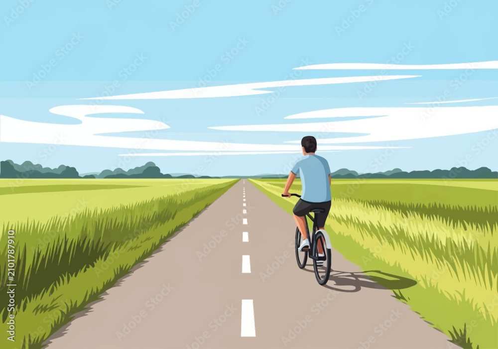 Obraz premium Vector illustration of a man cycling on a long straight asphalt road through grassy rural fields under a blue sky with thin clouds, portraying outdoor recreation and active travel.