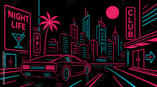 Neon cyberpunk nightlife cityscape with glowing pink and cyan lines, sports car, club signs and towering skyline on black, energetic futuristic vector background for music and party promos