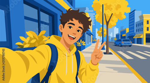 Cheerful teen vlogger filming selfie video on sunny city sidewalk, smiling influencer with peace sign, backpack, yellow blue urban scene for social media content creation vector illustration
