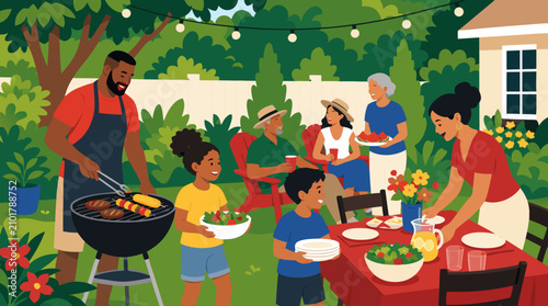 Diverse multigenerational family enjoying a sunny backyard barbecue, grilling food, setting a festive table, sharing salads, lemonade and laughter in lush summer garden vector illustration