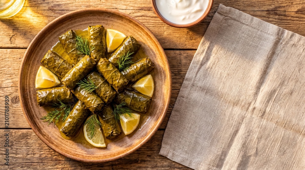 Fototapeta premium Mediterranean cuisine, a top-down view of fresh dolma stuffed grape leaves on a ceramic plate
