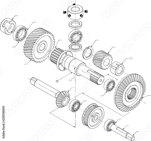 Bild auf Leinwand Exploded Gear Assembly Technical Drawing CAD Blueprint for Mechanical Engineerin