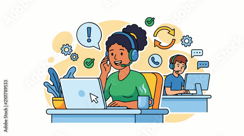 Diverse customer service team with headsets at computers working