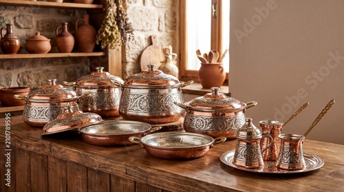Culinary artisanship, an elegant turkish copper cookware set features intricate engravings in warm light