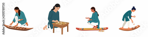Foto Flat vector illustrations of Southeast Asian women playing traditional board games like Congkak with shells on a white background