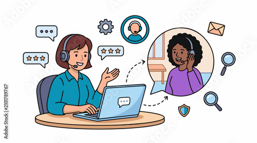 Diverse customer support agents communicate via laptop and headset