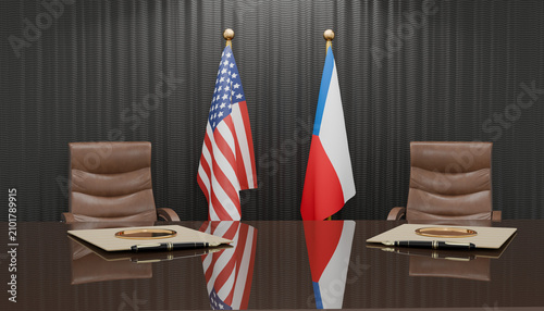 Foto Diplomatic Meeting: An empty meeting room set for a high-stakes diplomatic negotiation, featuring two chairs, a table, and the national flags of the United States and Czech Republic