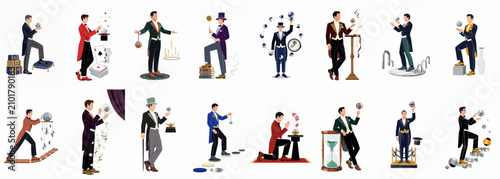 Fotografia A comprehensive collection of male magicians in formal attire performing various magical tricks and surreal acts with crystal balls, cards, and mystical objects