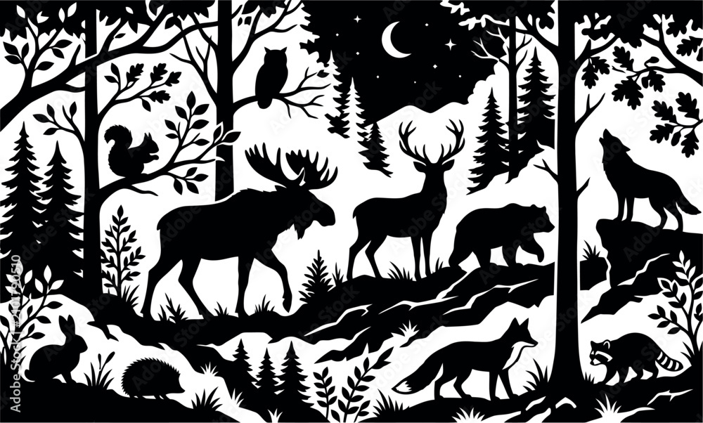 Fototapeta premium Silhouette of deer herd in moonlit forest. Wildlife animals roaming under night sky with trees and full moon backdrop.
