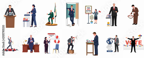 Diverse collection of political illustrations depicting voting, campaigning, public speaking, and election day activities for democratic processes.