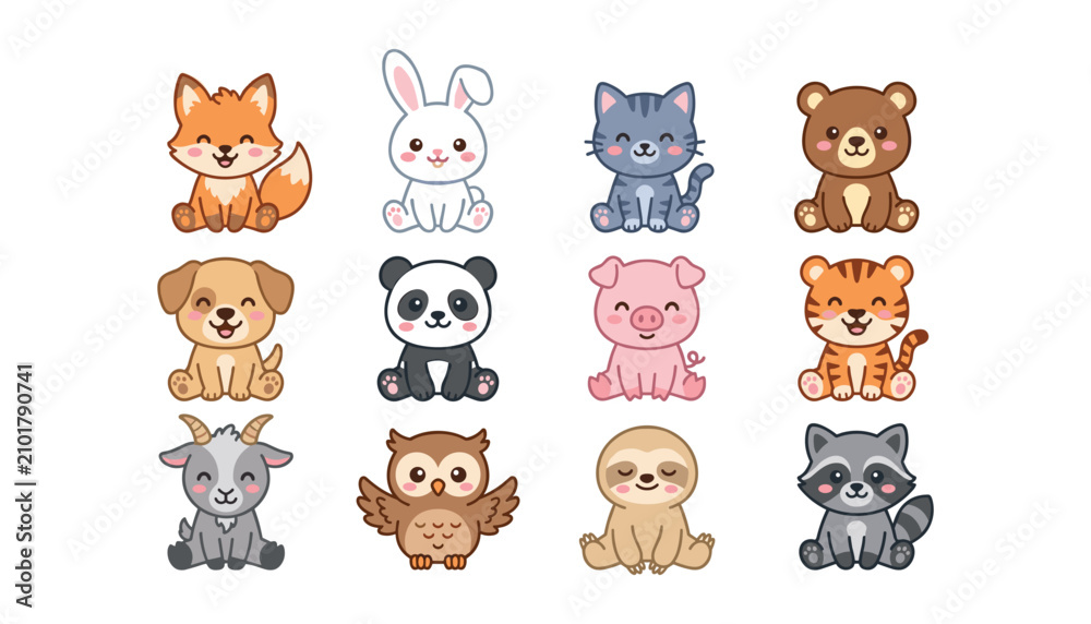 Obraz premium Cute baby animal cartoon characters set including fox rabbit cat bear dog panda pig tiger owl and sloth vector illustration