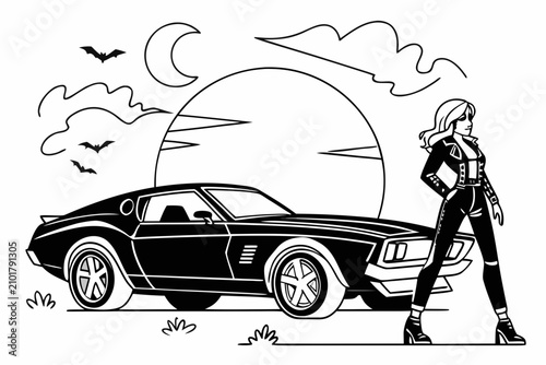 coloring page line art halloween the sexy girl black vector