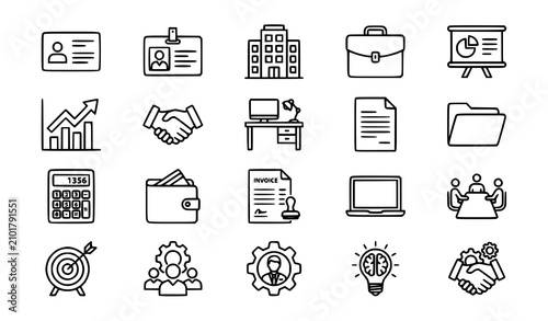 Foto Business and corporate management outline icon set featuring office building han