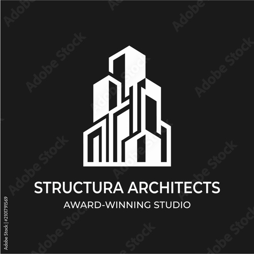 Modern linear high rise block skyscraper building architecture logo icon for structura architects award winning studio corporate brand identity vector