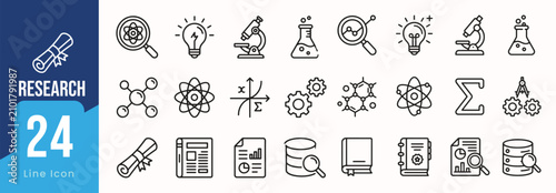 Foto Set of 24 research and scientific discovery line art vector icons