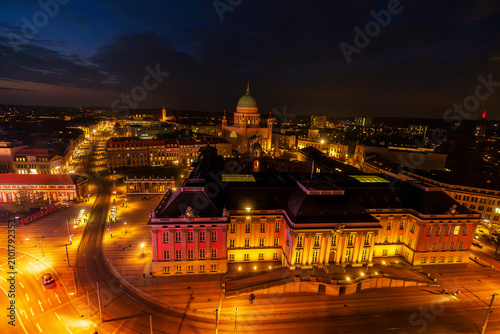 Panoramic view of the Alter Markt with St. Nicholas' Church, the Old Town Hall, the Museum Barberini, and the Landtag Palace in Potsdam, Germany.