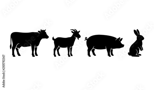 Farm animal black silhouette icons with cow goat pig and rabbit isolated on white background editable vector illustration