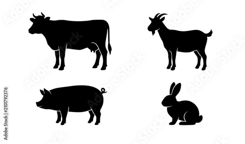 Fotografía Minimal black silhouette collection of cow goat pig and rabbit farm animals isol