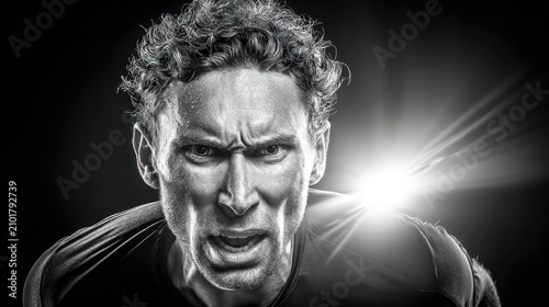 Intense monochrome portrait of a man expressing anger and frustration closeup