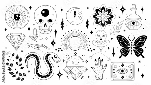 Fotografie Mystical Objects And Symbols Line Art Illustration Featuring Skulls Eyes And Bot