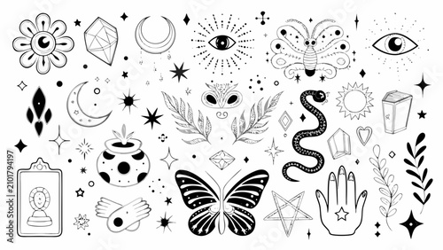 Canvas Print Mystical witchcraft elements collection a detailed black and white line art vect