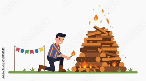 Man lighting a large bonfire with colorful flags in the background, outdoor celebration scene