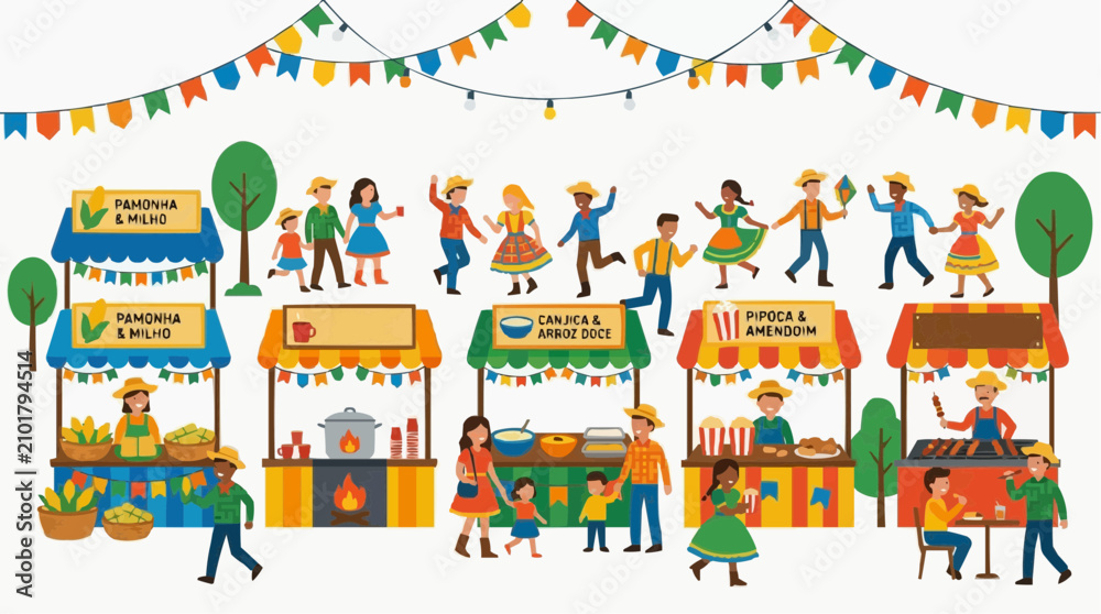 Naklejka premium Brazilian Festa Junina street fair with food stalls and people celebrating