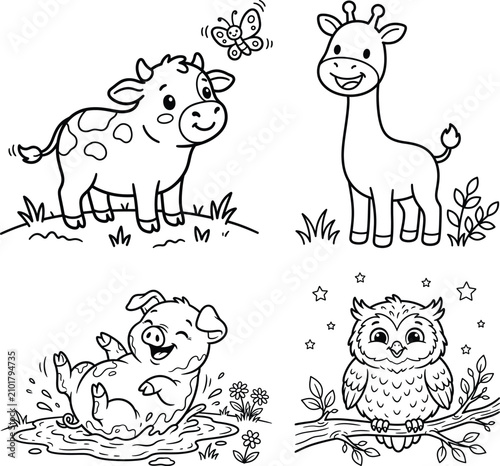 Cute farm and forest animal coloring book pages vector bundle with cow giraffe pig owl