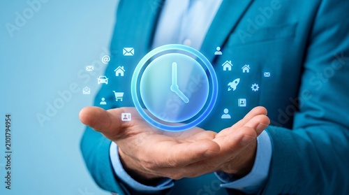 Businessman holding a glowing digital clock hologram with floating business icons representing time management and productivity