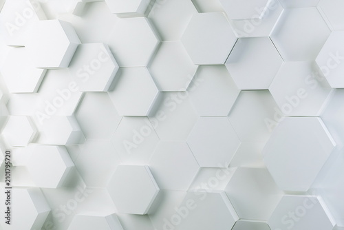 Modern white hexagon geometric wall with clean minimal design and soft depth, perfect for technology, architecture, branding and luxury background concepts.