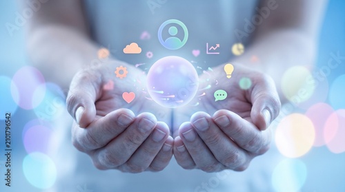 Digital interface icons floating above human hands for technology and connectivity concept